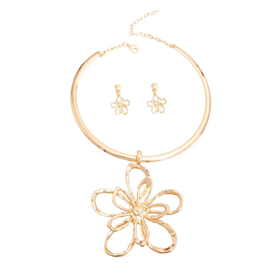 Gold Open Flower Pendant Necklace with Matching Earrings - Perfect Gift