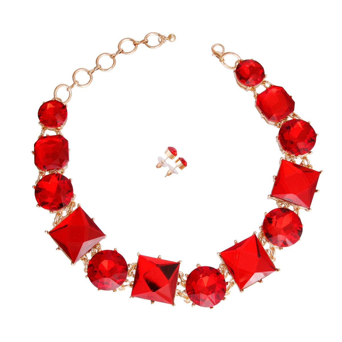 Gold Plated Chunky Red Acrylic Collar Necklace Set