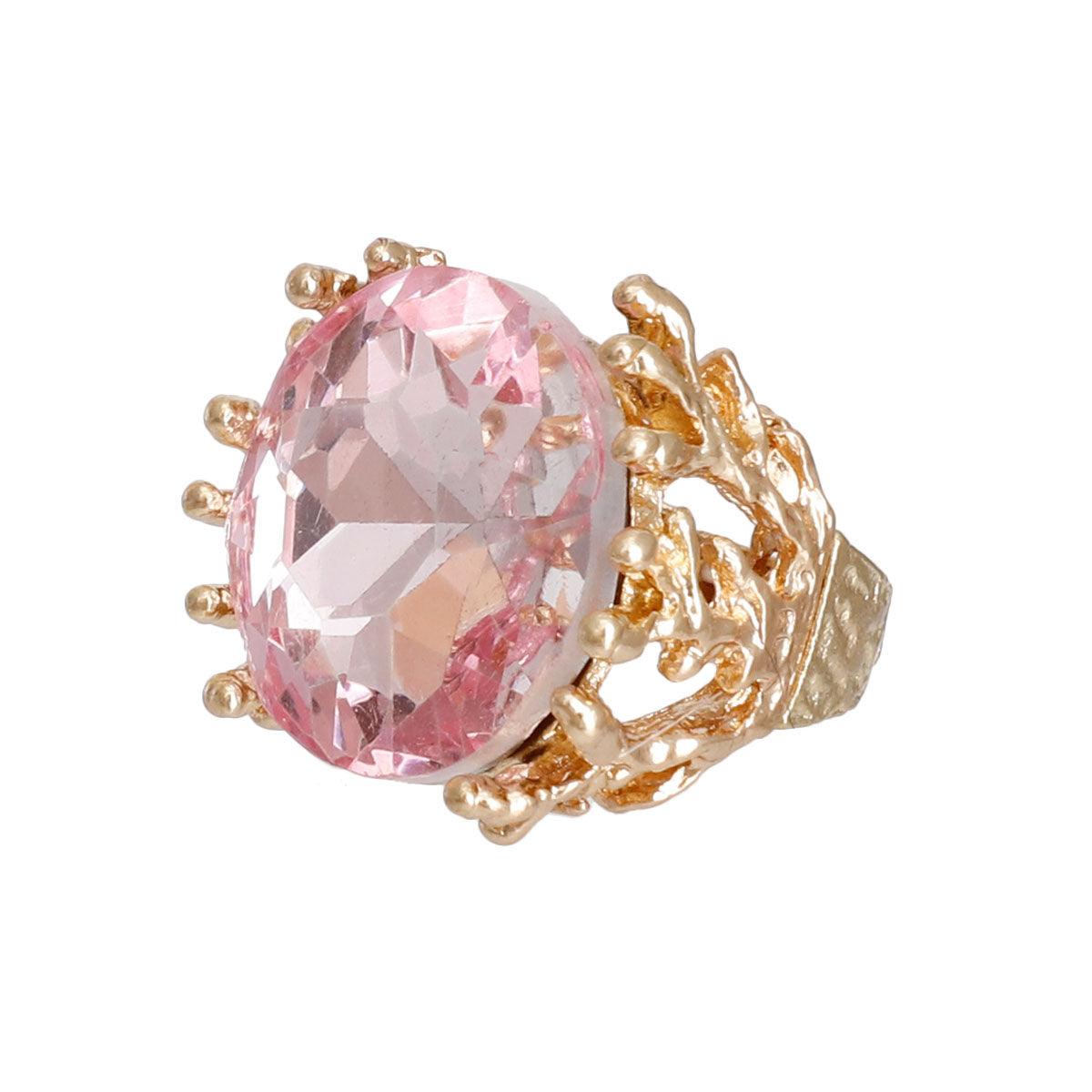 Gold Plated Cocktail Ring With Faceted Pink Stone