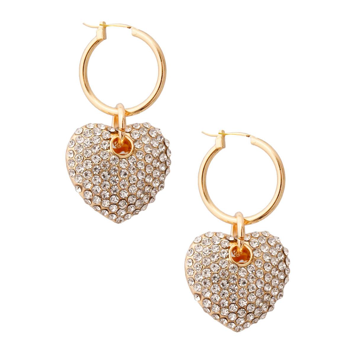 Gold Plated Hoop Earrings Clear Heart Dangle