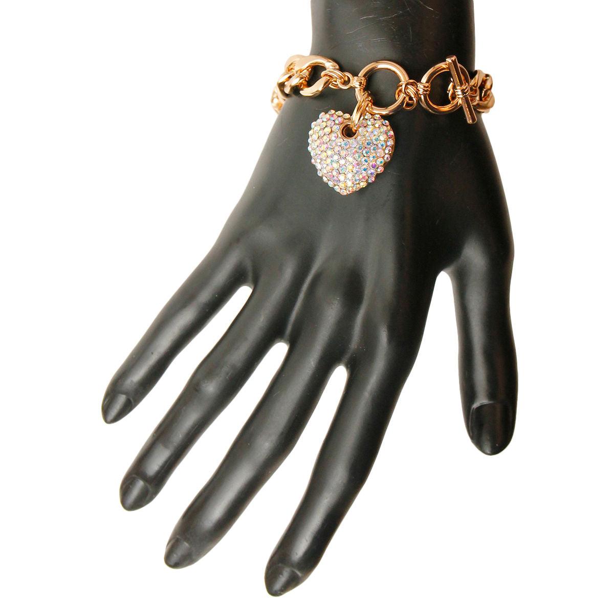 Gold Plated Link Chain Bracelet Aurora Borealis Heart Charm