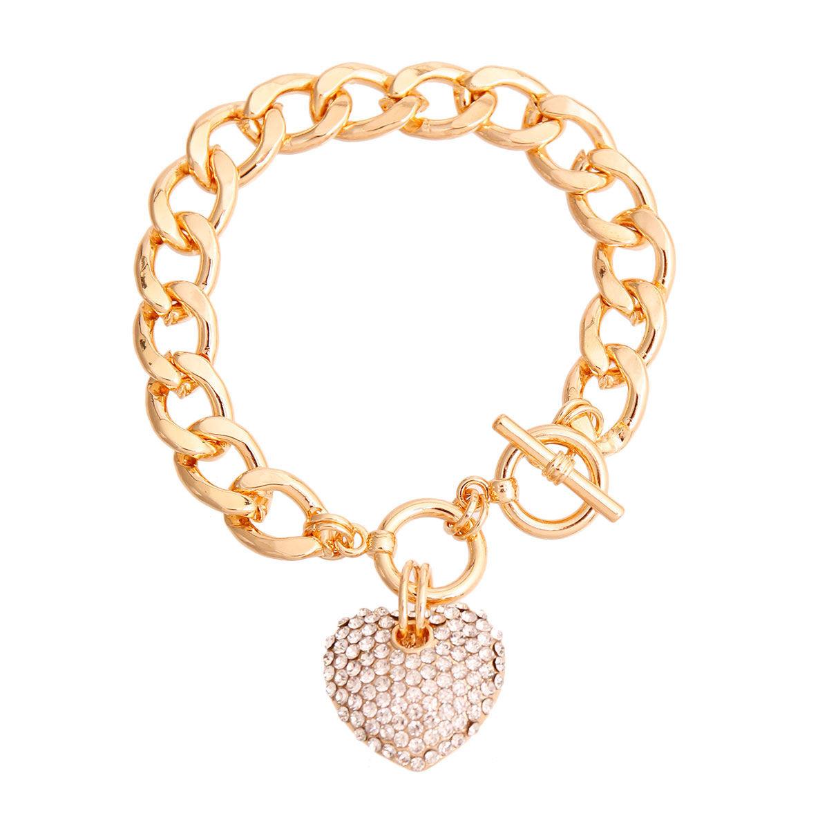 Gold Plated Link Chain Bracelet Clear Heart Charm