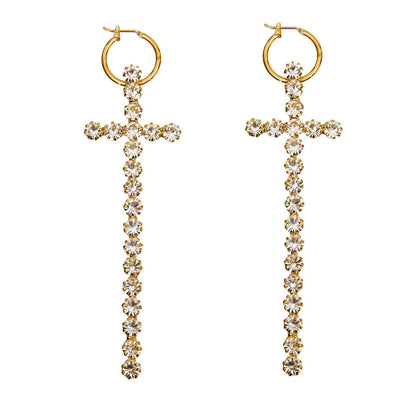 Gold-tone Embellished Rhinestone Cross Drop Earrings