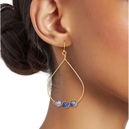 Gold Tone Teardrop Wire Hoop Earrings Blue