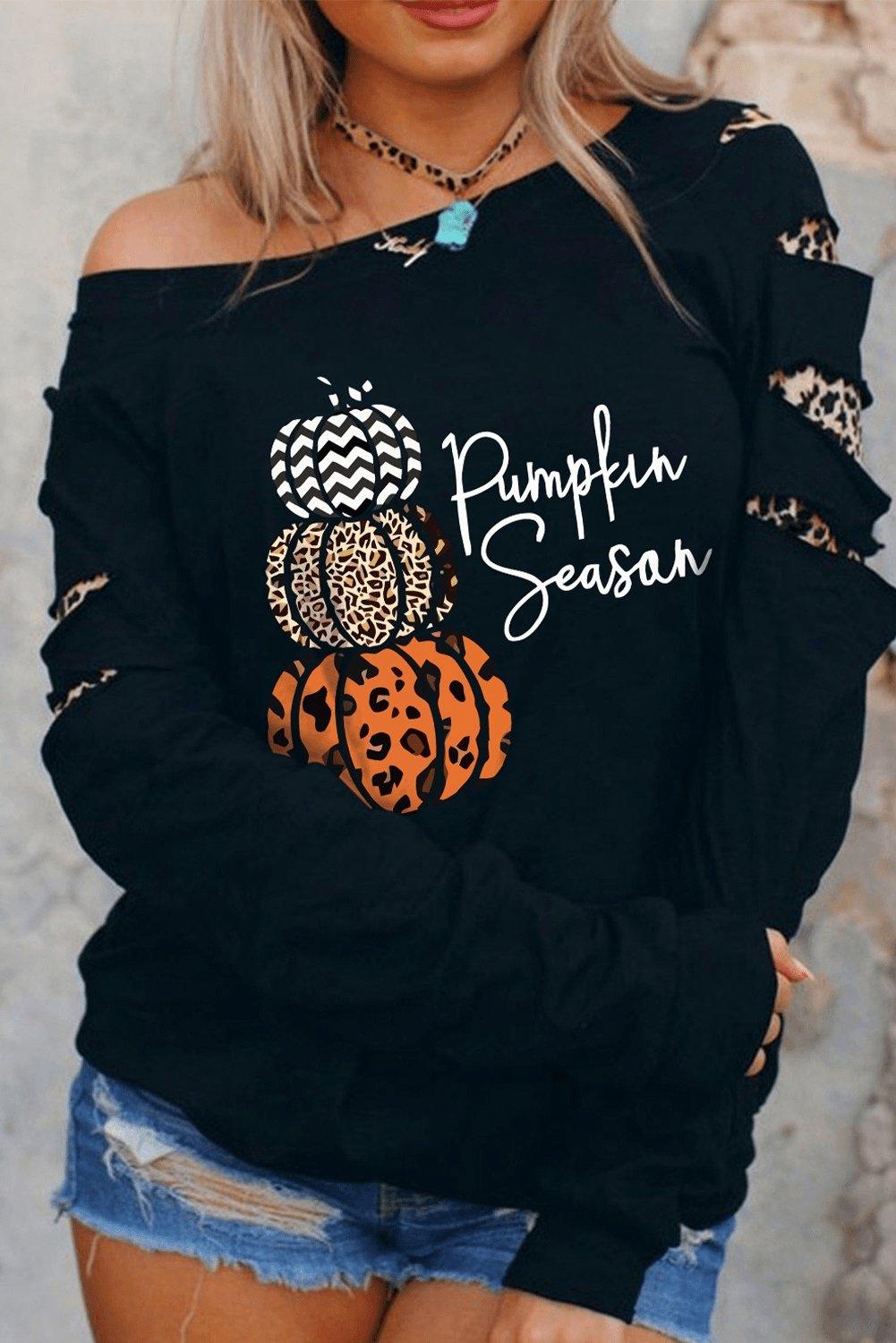 Graphic Leopard Cutout Sleeve Sweatshirt Pumpkin Season 2022