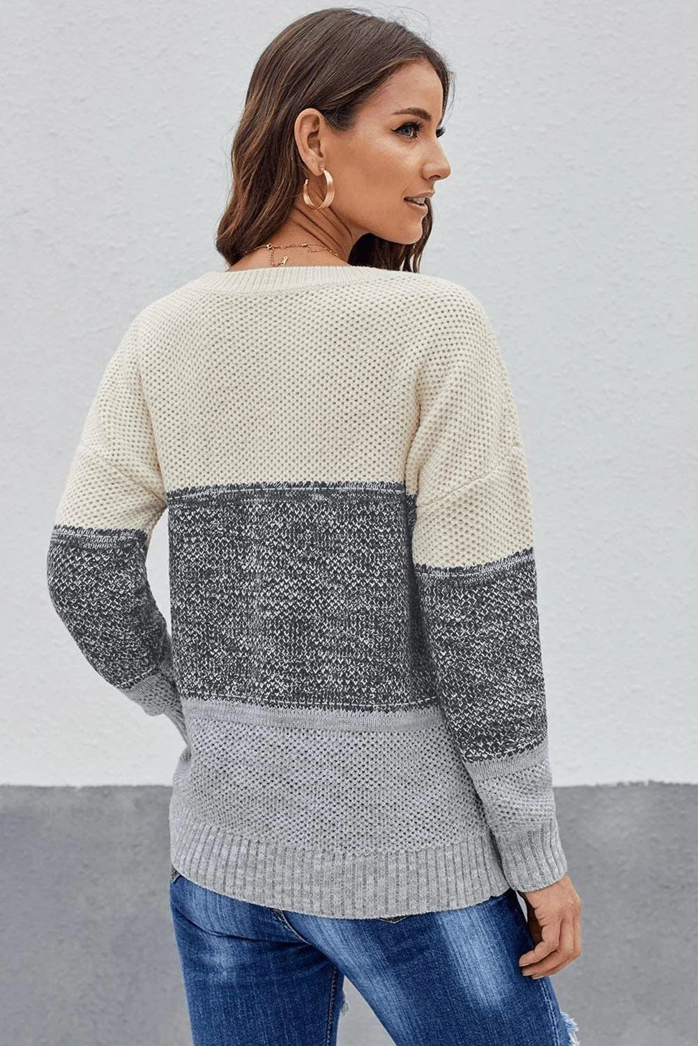 Gray Color Block Netted Texture Pullover Sweater