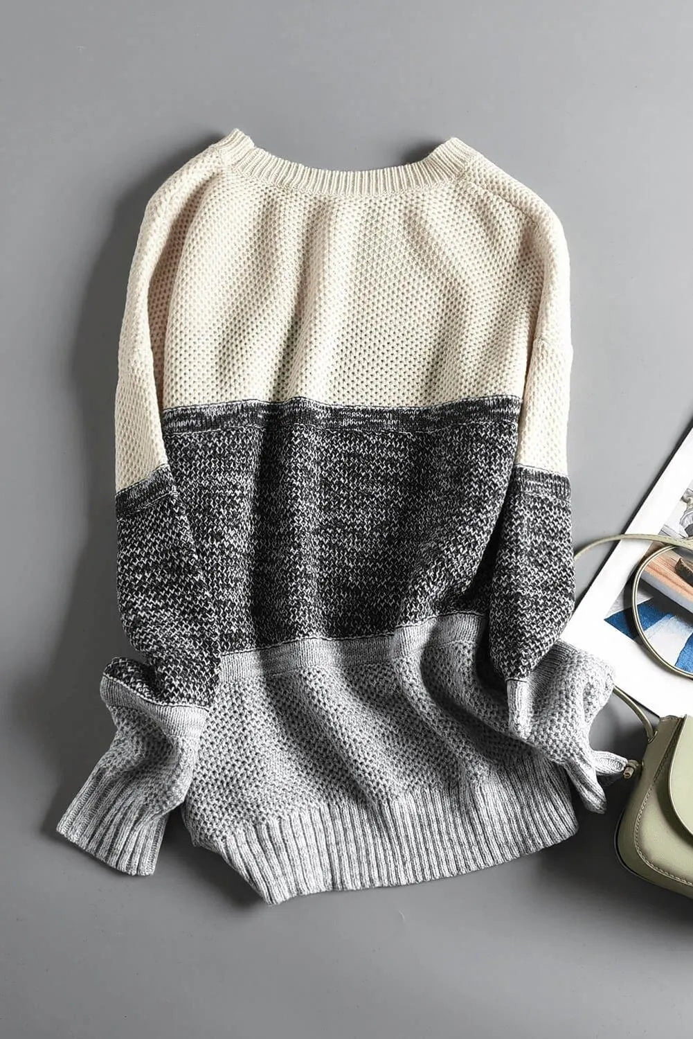 Gray Color Block Netted Texture Pullover Sweater