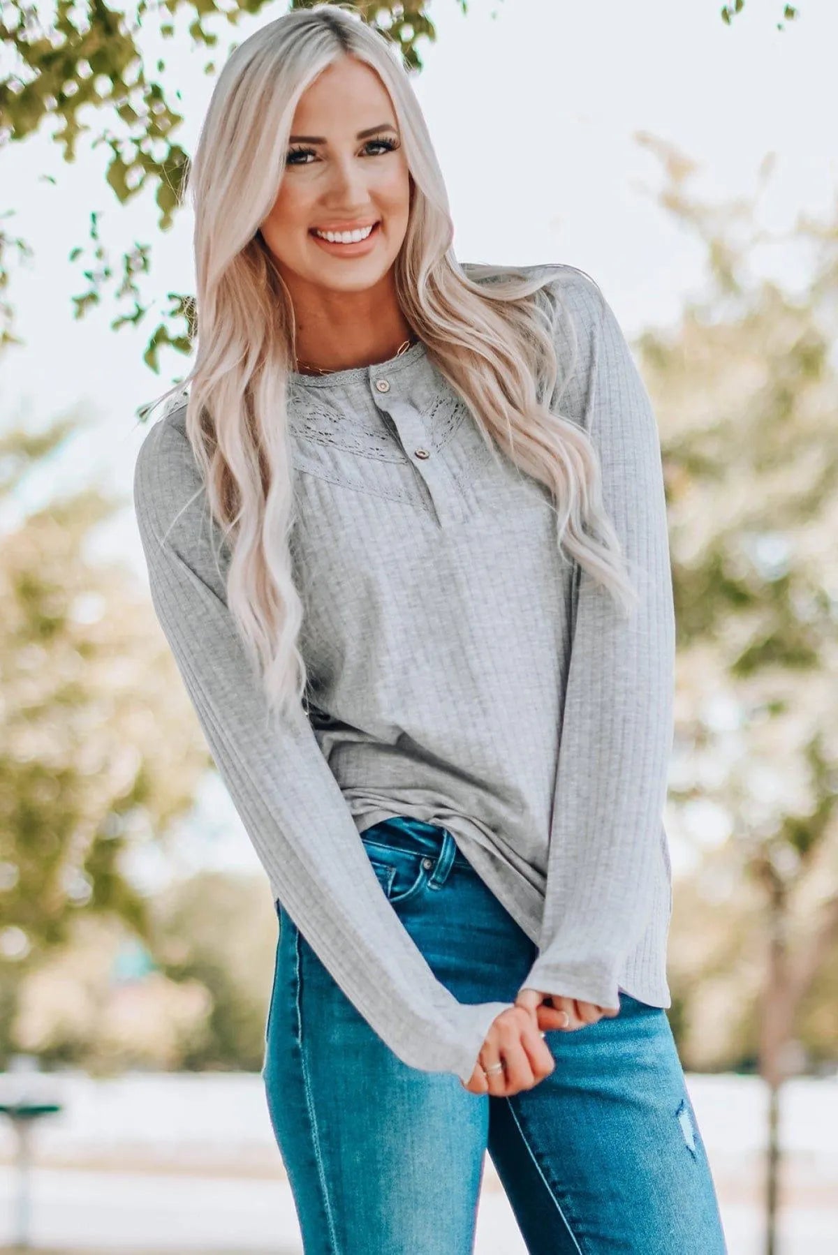 Gray Lace Patchwork Buttoned Long Sleeve Top