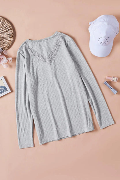 Gray Lace Patchwork Buttoned Long Sleeve Top