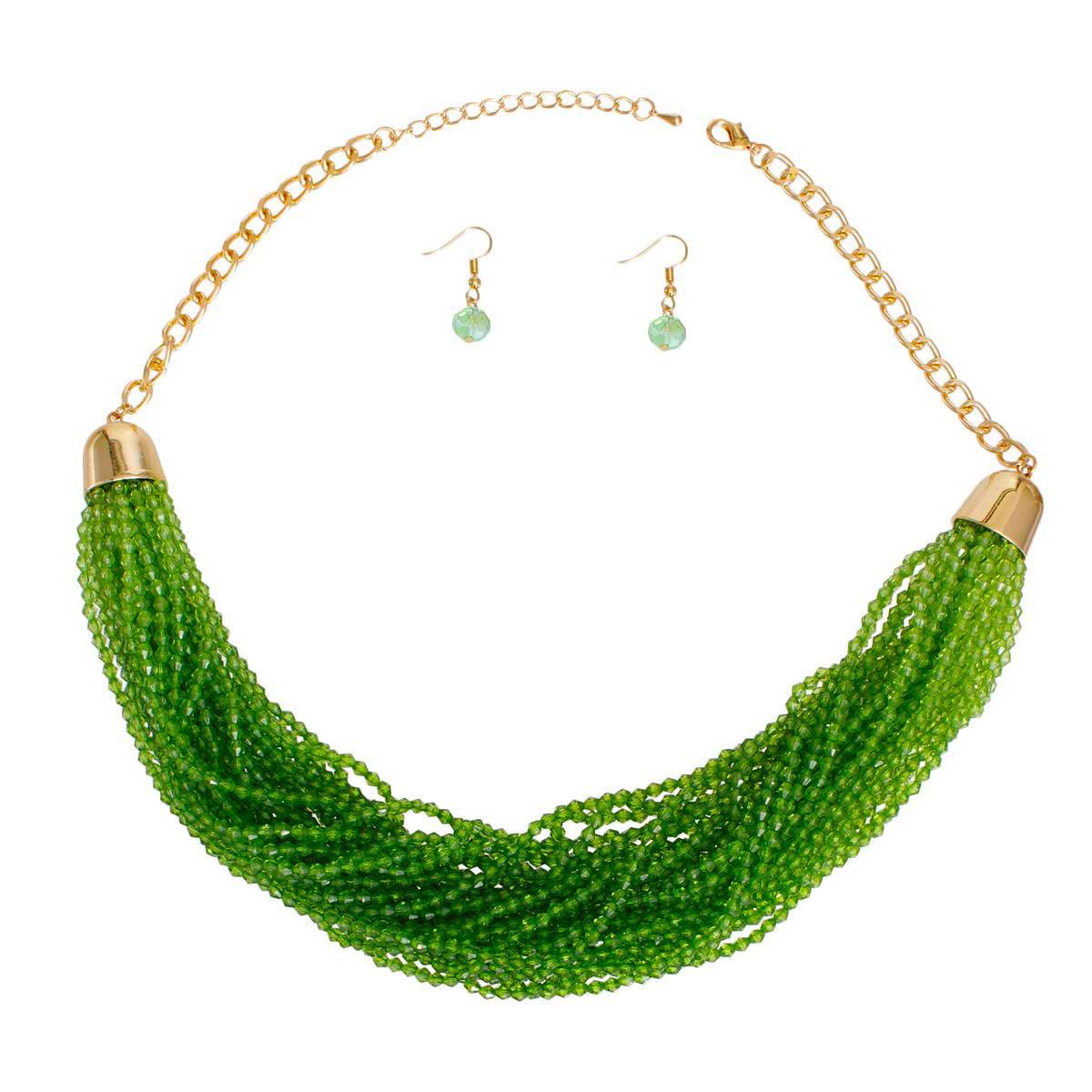 Green Bead Multi Strand Necklace with Earrings