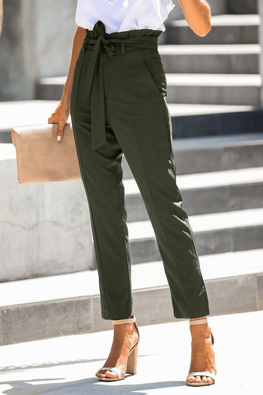 Green Casual Paperbag Waist Straight Leg Pants With Belt