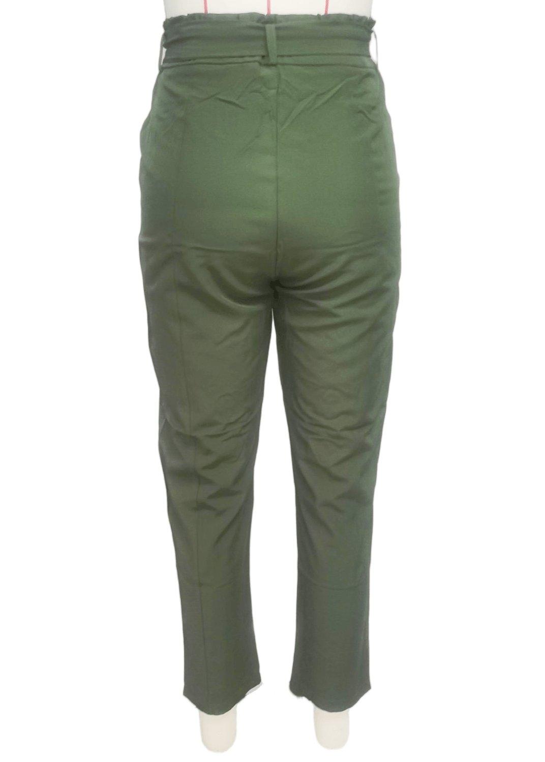 Green Casual Paperbag Waist Straight Leg Pants With Belt