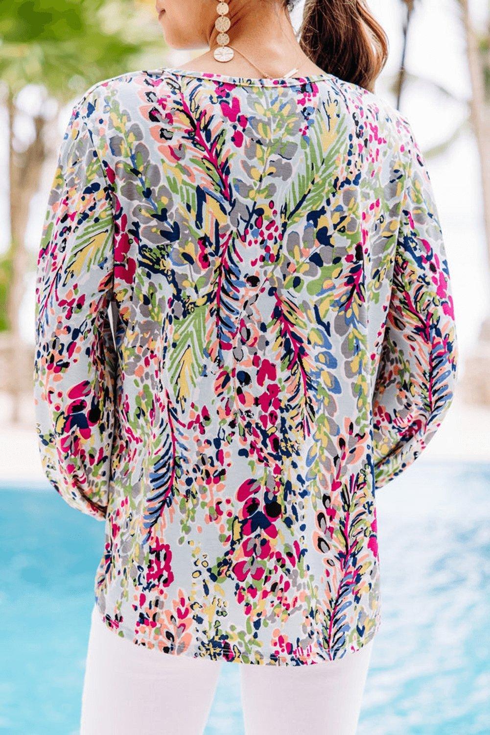 Green Floral Print Puffy Sleeve Loose Blouse