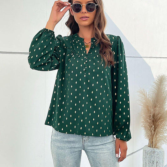 Green Notched Lantern Sleeve Polka Dot Buttoned Blouse