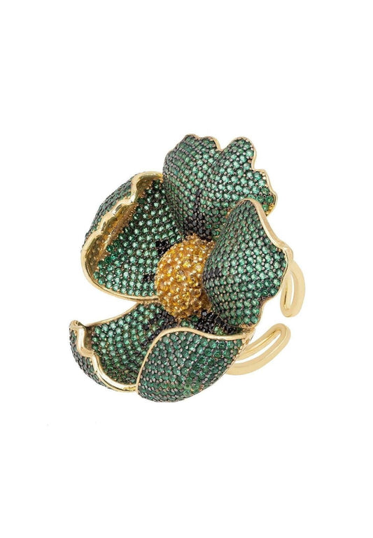 Green Poppy Flower Ring Gold Plated