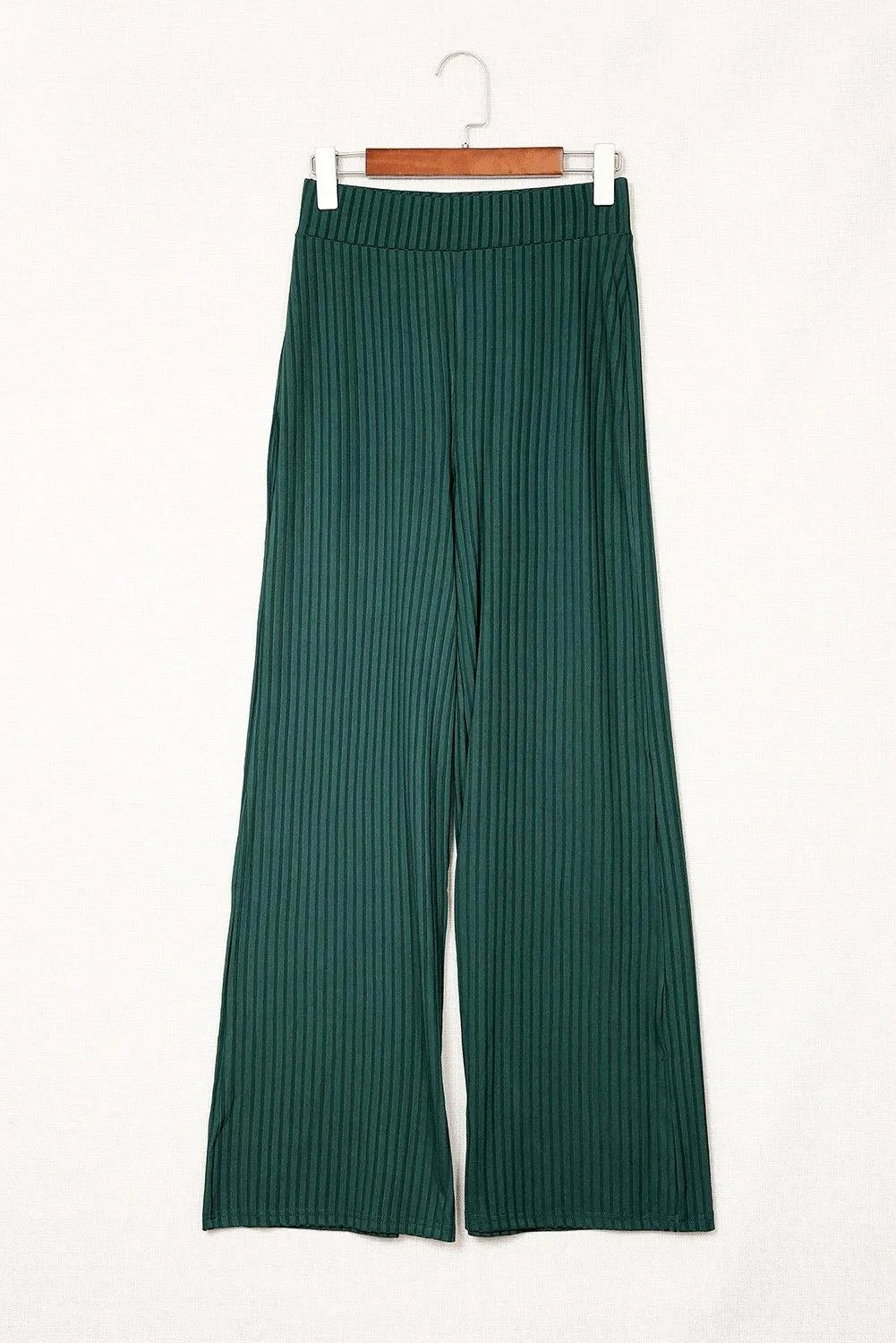 Green Ribbed Knit High Rise Wide Leg Pants