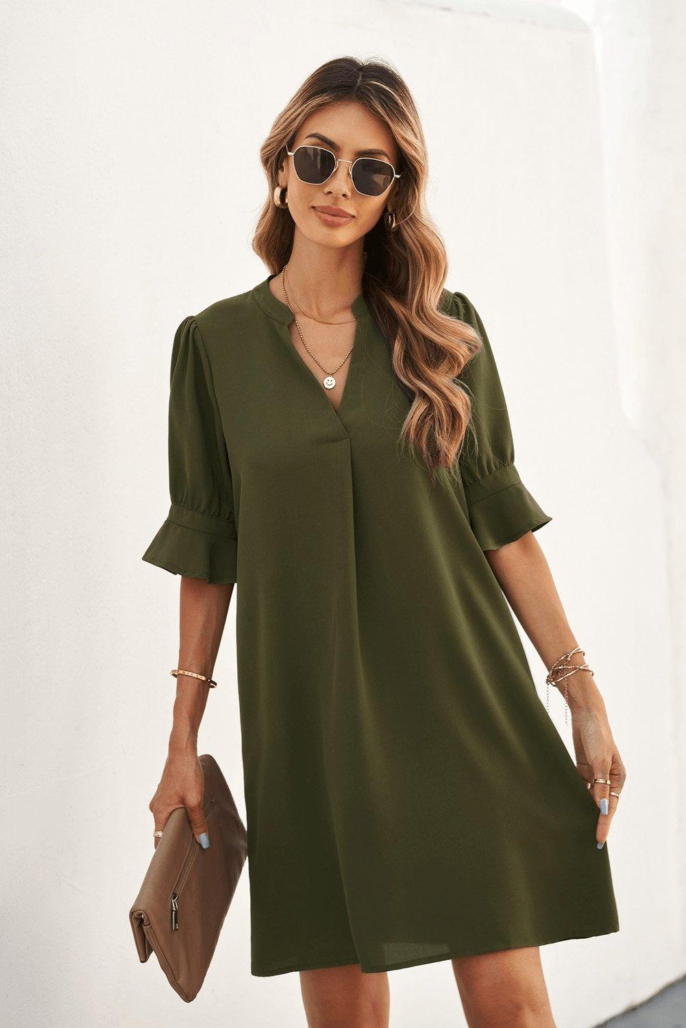 Green Ruffled Sleeve Shift Shirt Dress