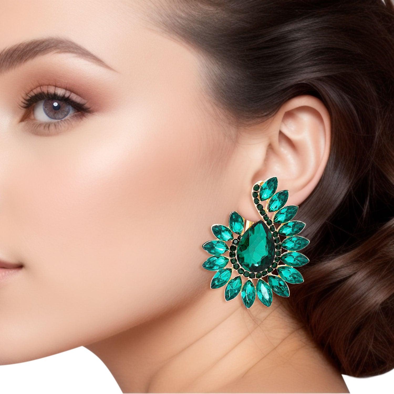 Green Teardrop Center Clip On Pageant Earrings for Elegant Style