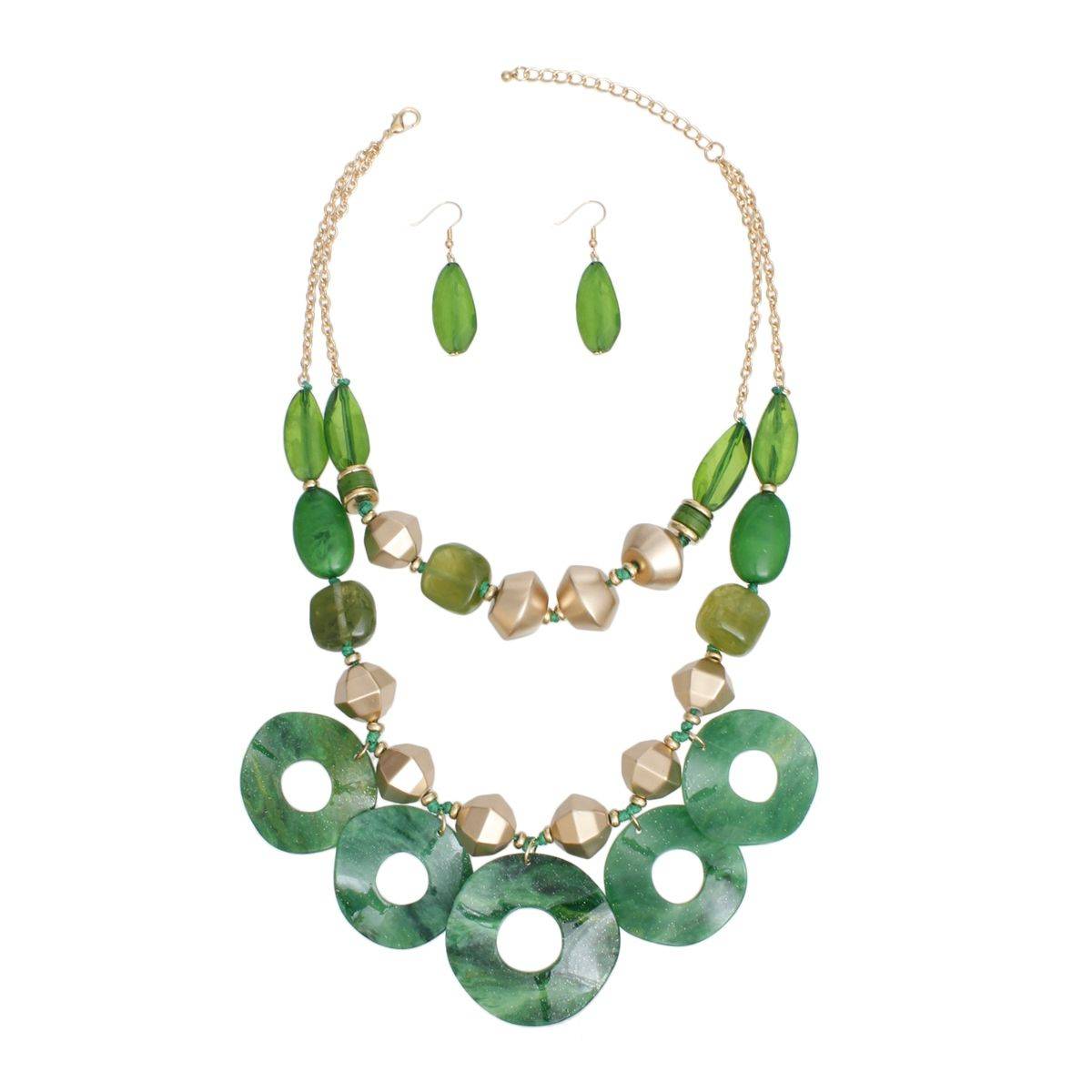 Green Double Layer Necklace Set | Marbled Acrylic Statement Jewelry