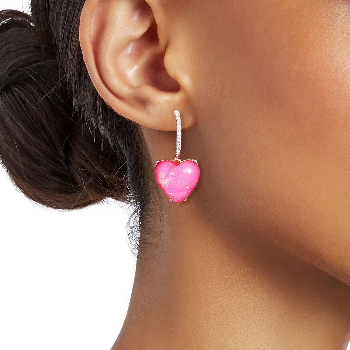 Half Huggie Hoop Earrings Silver Plated Pink Opal Heart Drop