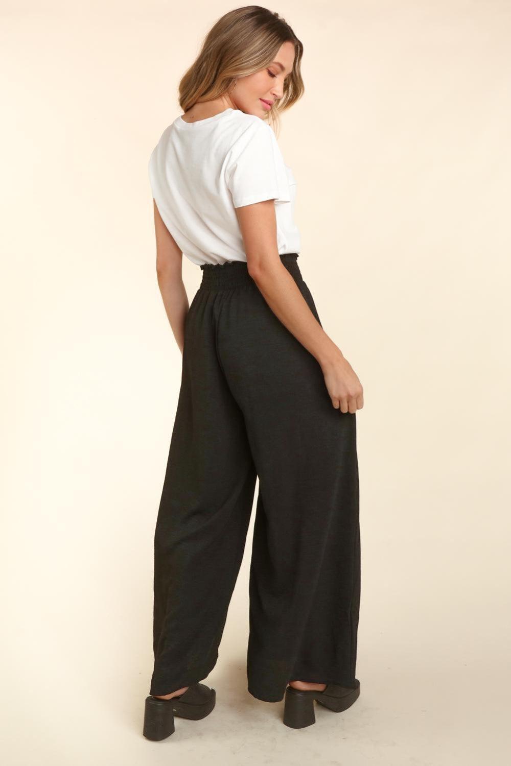 Haptics Elastic Waist Wide Leg Pants with Pockets in Black for Women