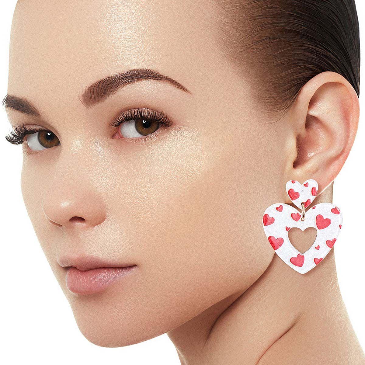 Heart Stud Earrings with Dangling White and Red Open-heart