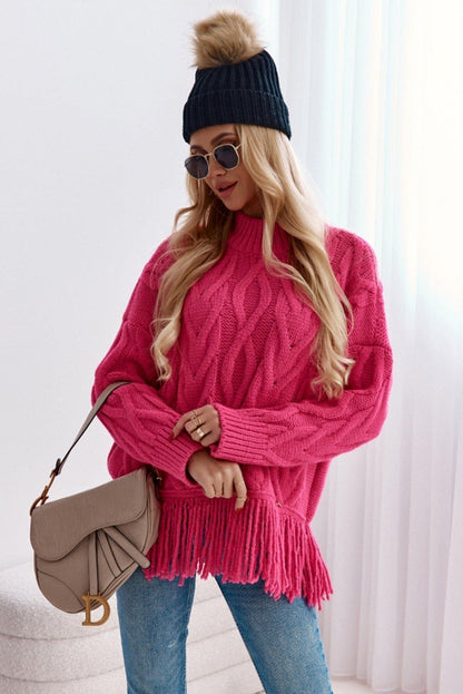 High Neck Cable Knit Tasseled Sweater Rose