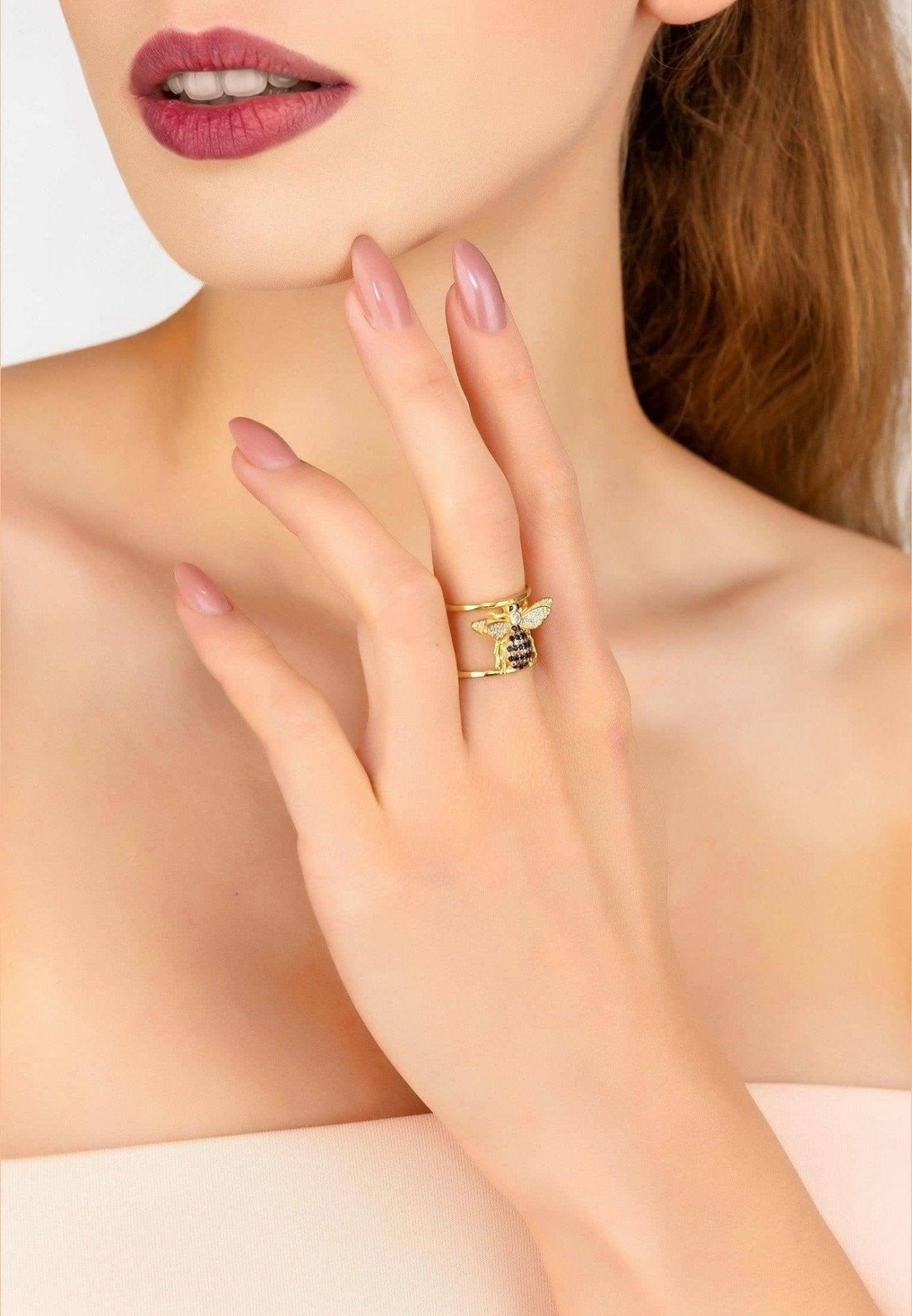 Honey Bee Cocktail Ring Adjustable, Gold Plate