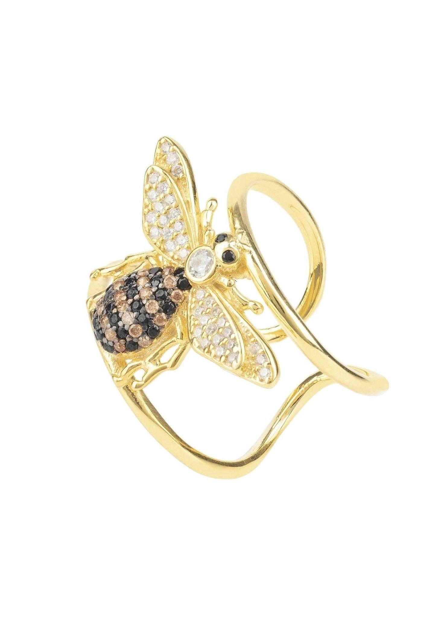 Honey Bee Cocktail Ring Adjustable, Gold Plate
