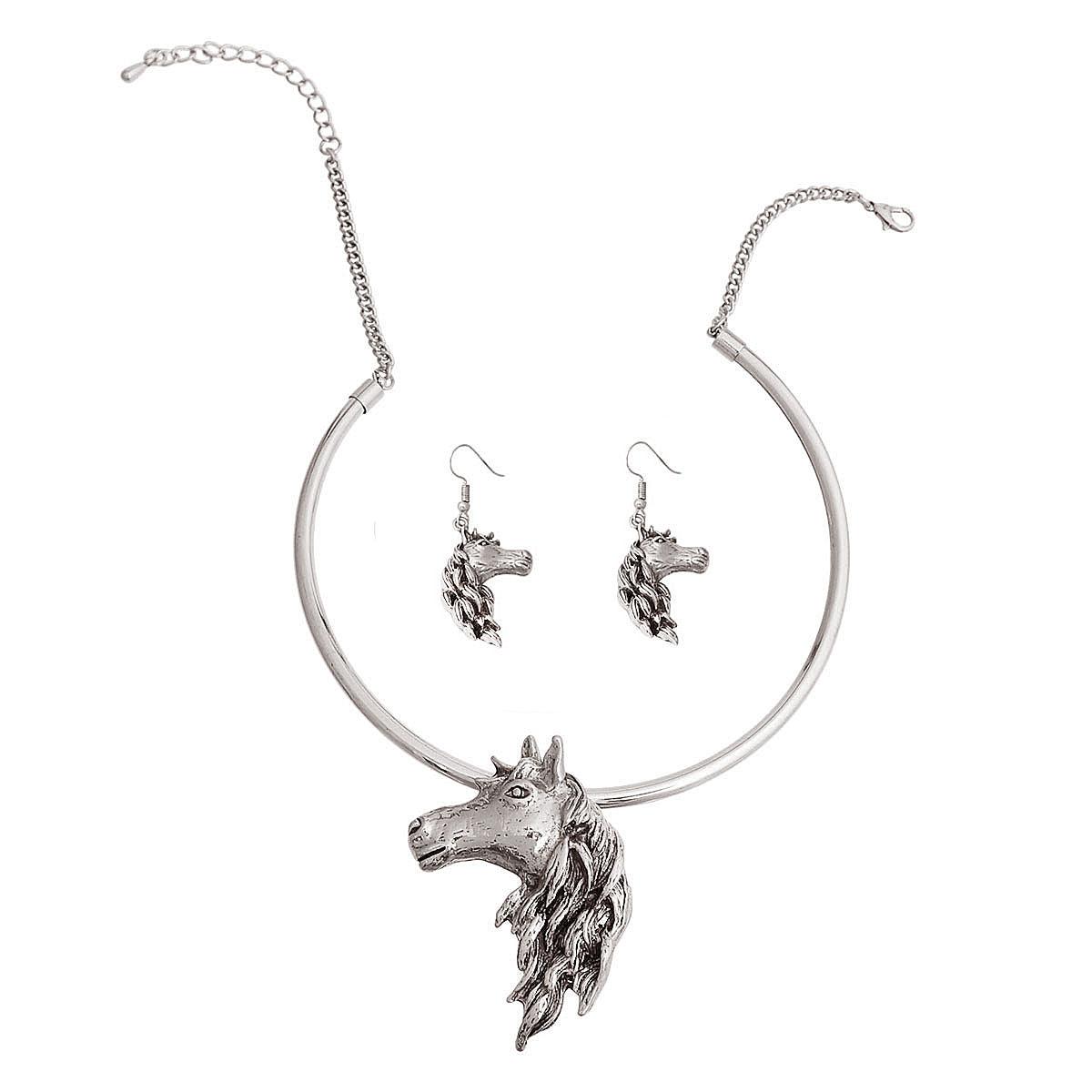 Horse Lovers' Dream: Silver Tone Earrings & Rigid Choker Necklace Set