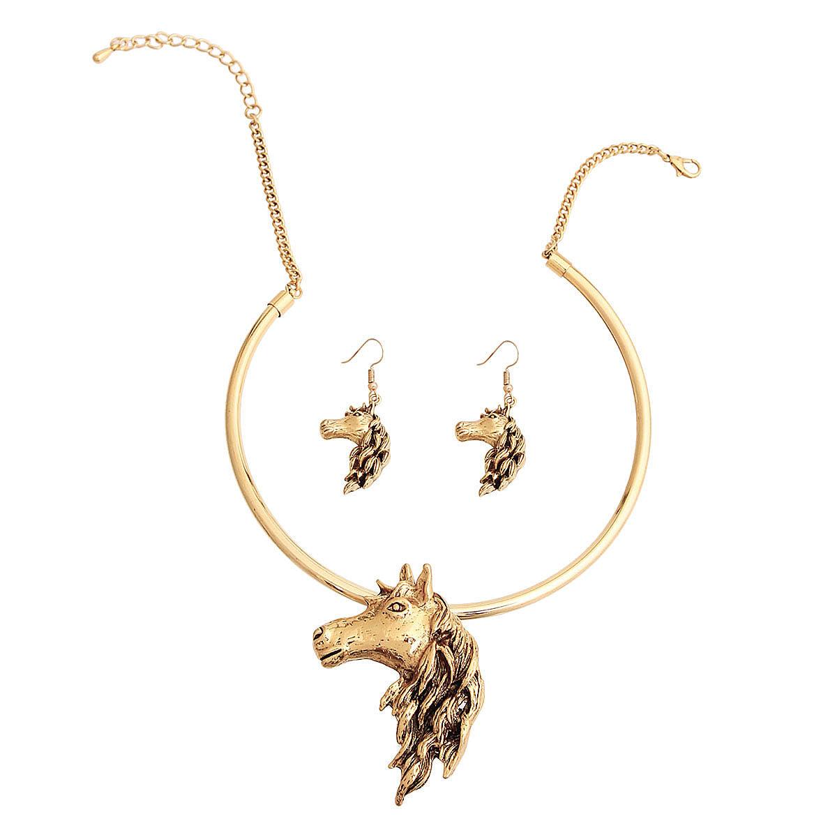 Horse Lovers' Jewelry: Gold Tone Earrings & Necklace Set