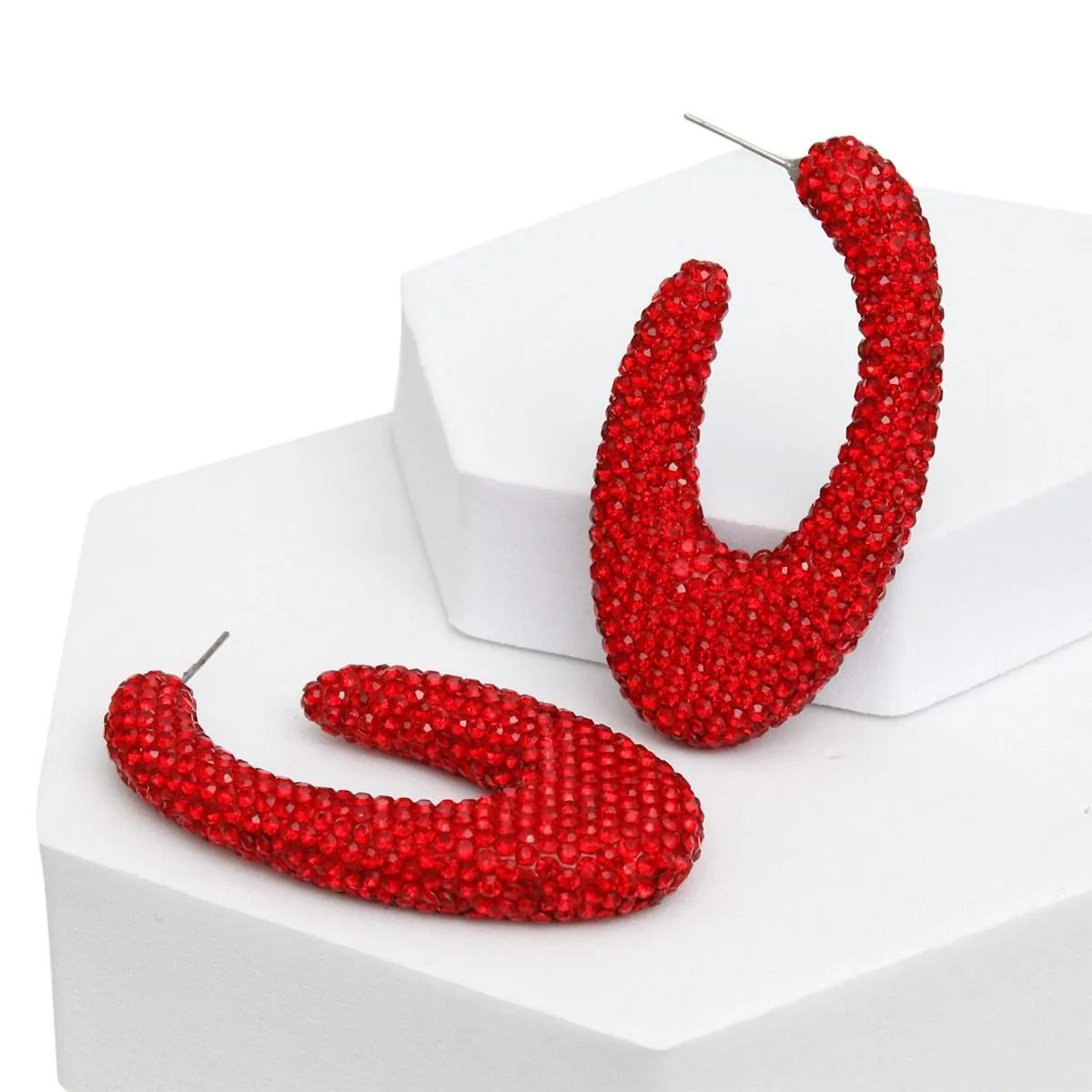 Red Rhinestone Crusted Chunky Open Hoop Earrings
