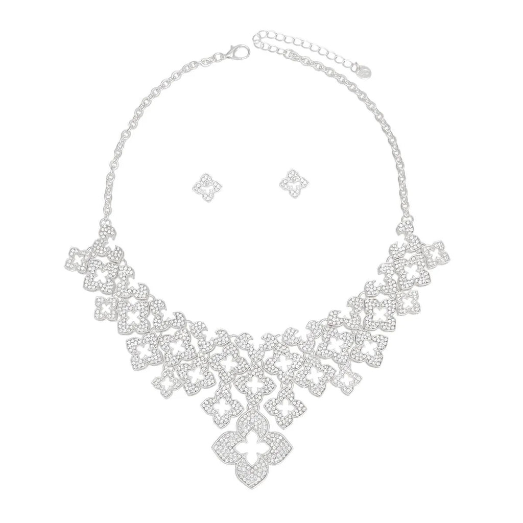 Silver Tone Monogram Flower Bib Necklace Set with Clear Rhinestones