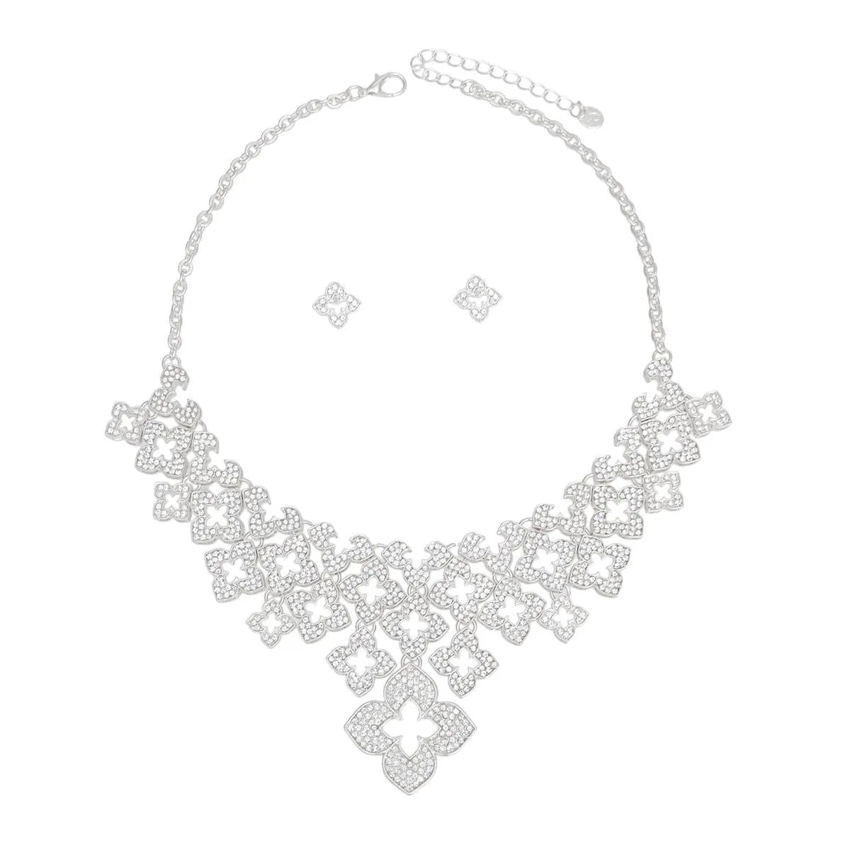 Silver Tone Monogram Flower Bib Necklace Set with Clear Rhinestones