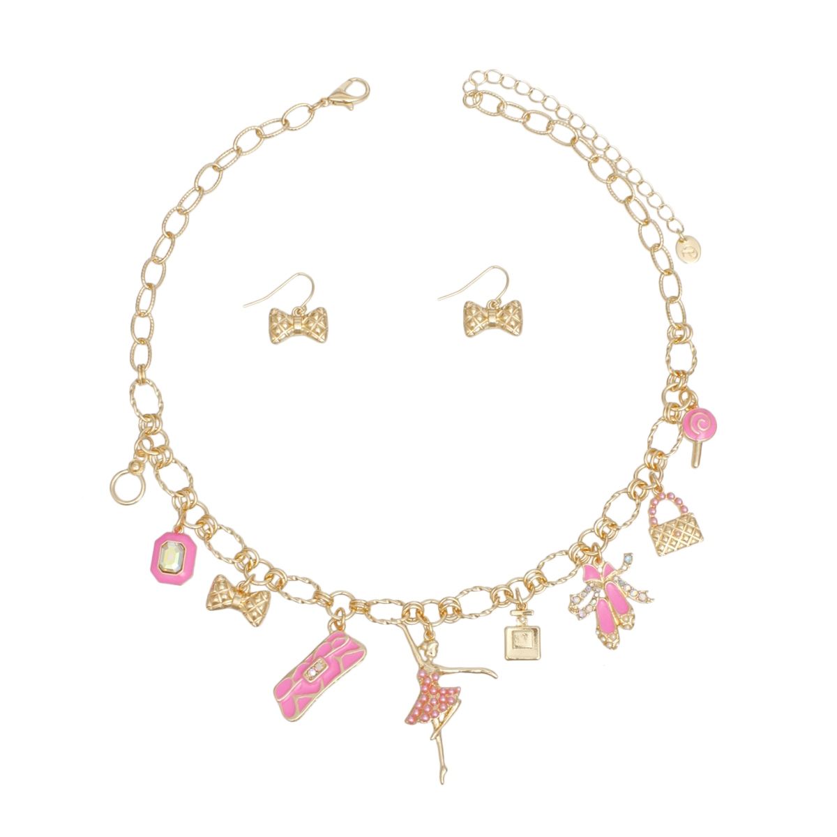 Gold Charm Necklace with Pink Ballerina & Boutique-Inspired Charms - Fashion Jewelry for Women Pinktown