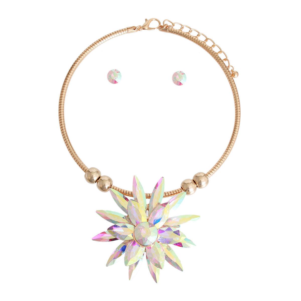 Introducing the Aurora Borealis Flower Gold Tone Necklace Set