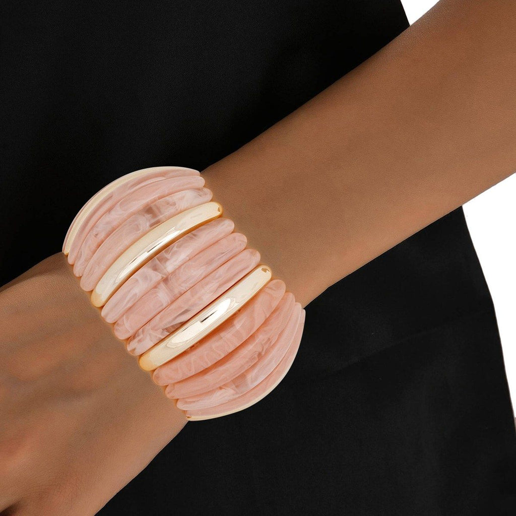 Retro Marbled Light Pink Gold Stretch Wide Bangle Bracelet