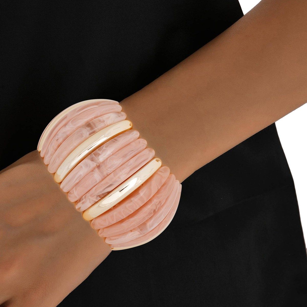 Retro Marbled Light Pink Gold Stretch Wide Bangle Bracelet