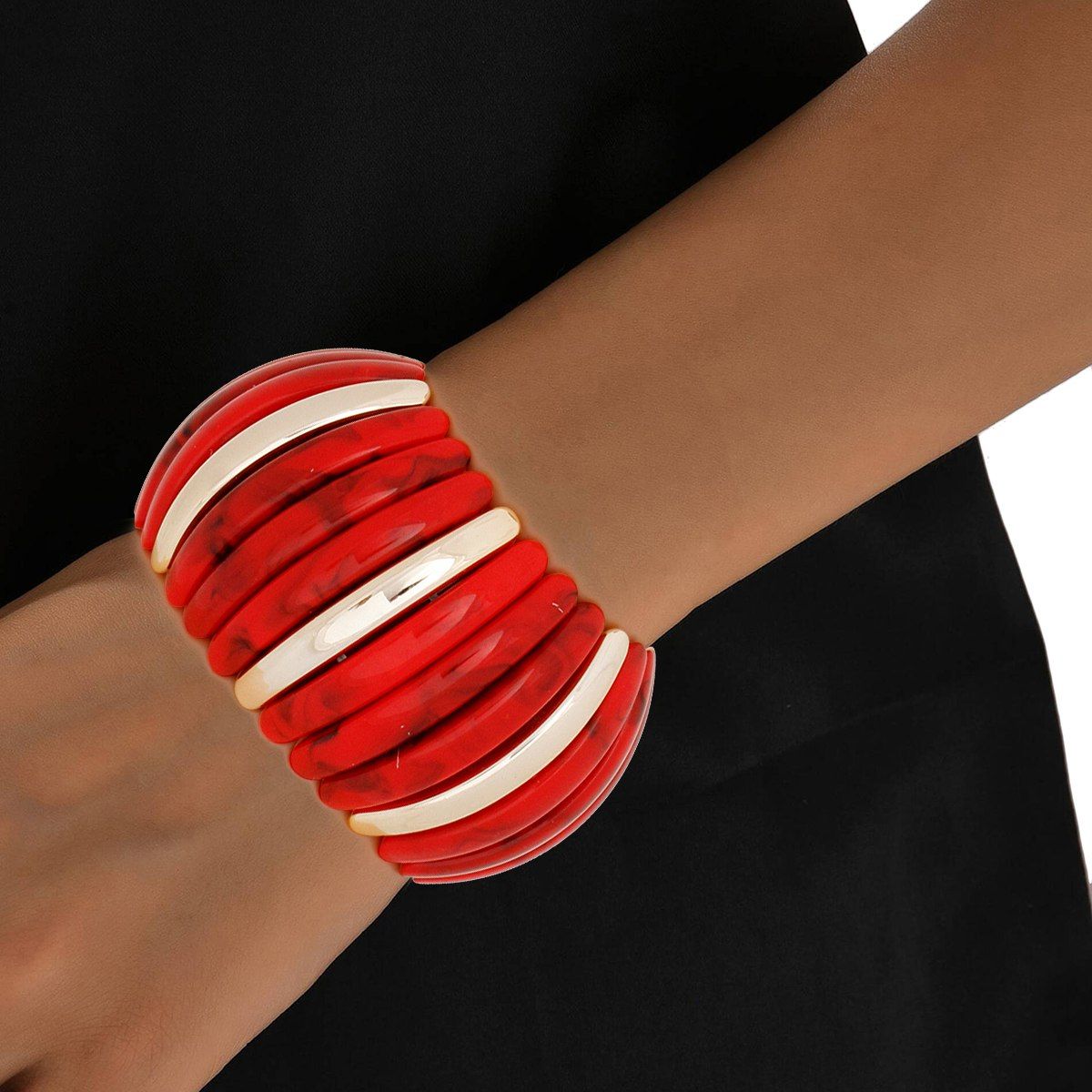 Retro Marbled Red Gold Stretch Wide Bangle Bracelet