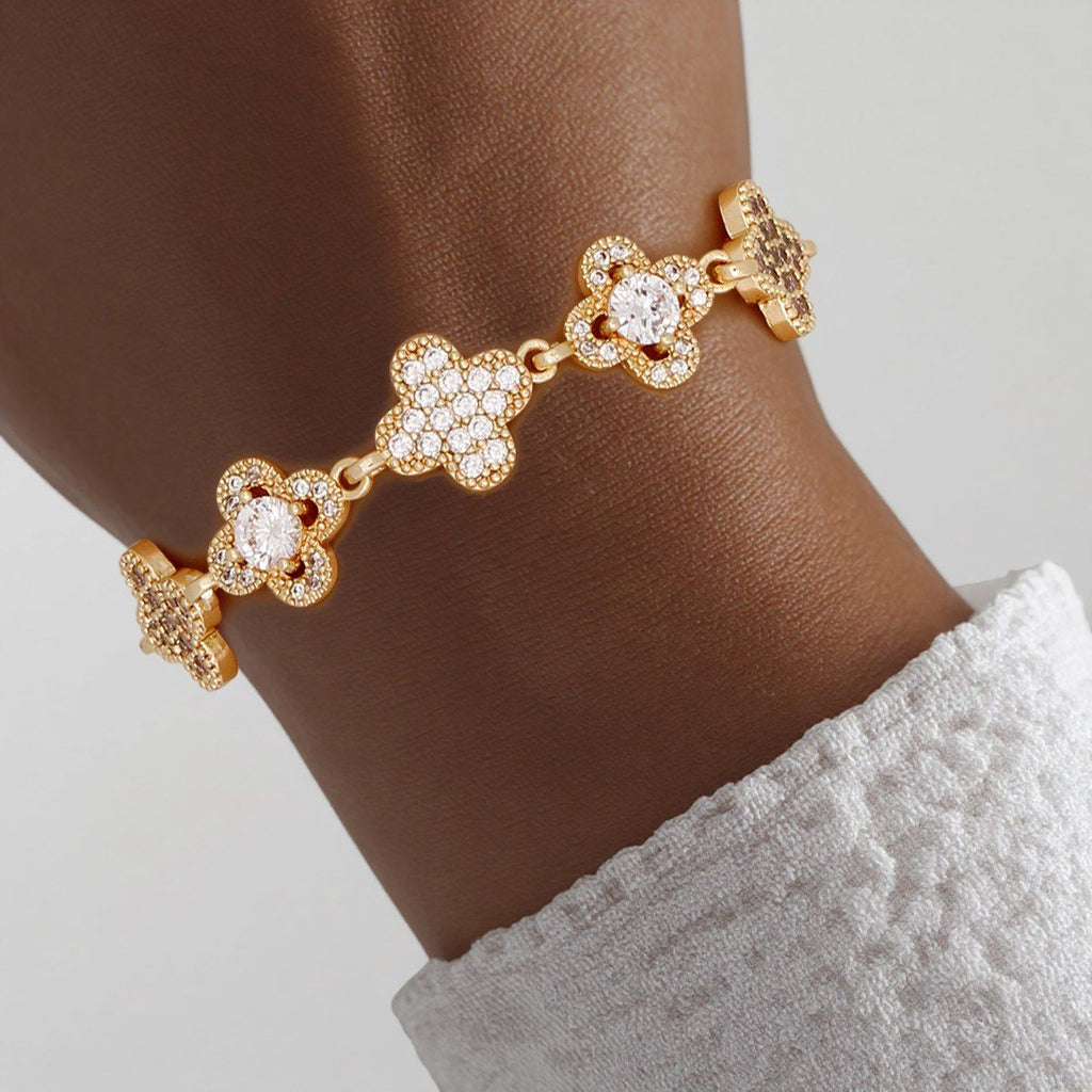 Gold Clover Link Tennis Bracelet with Cubic Zirconia Women's Fashion Jewelry