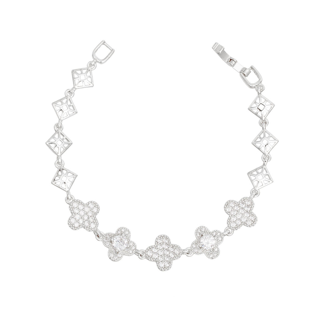 Silver Clover Link Tennis Bracelet with Cubic Zirconia Women's Fashion Jewelry