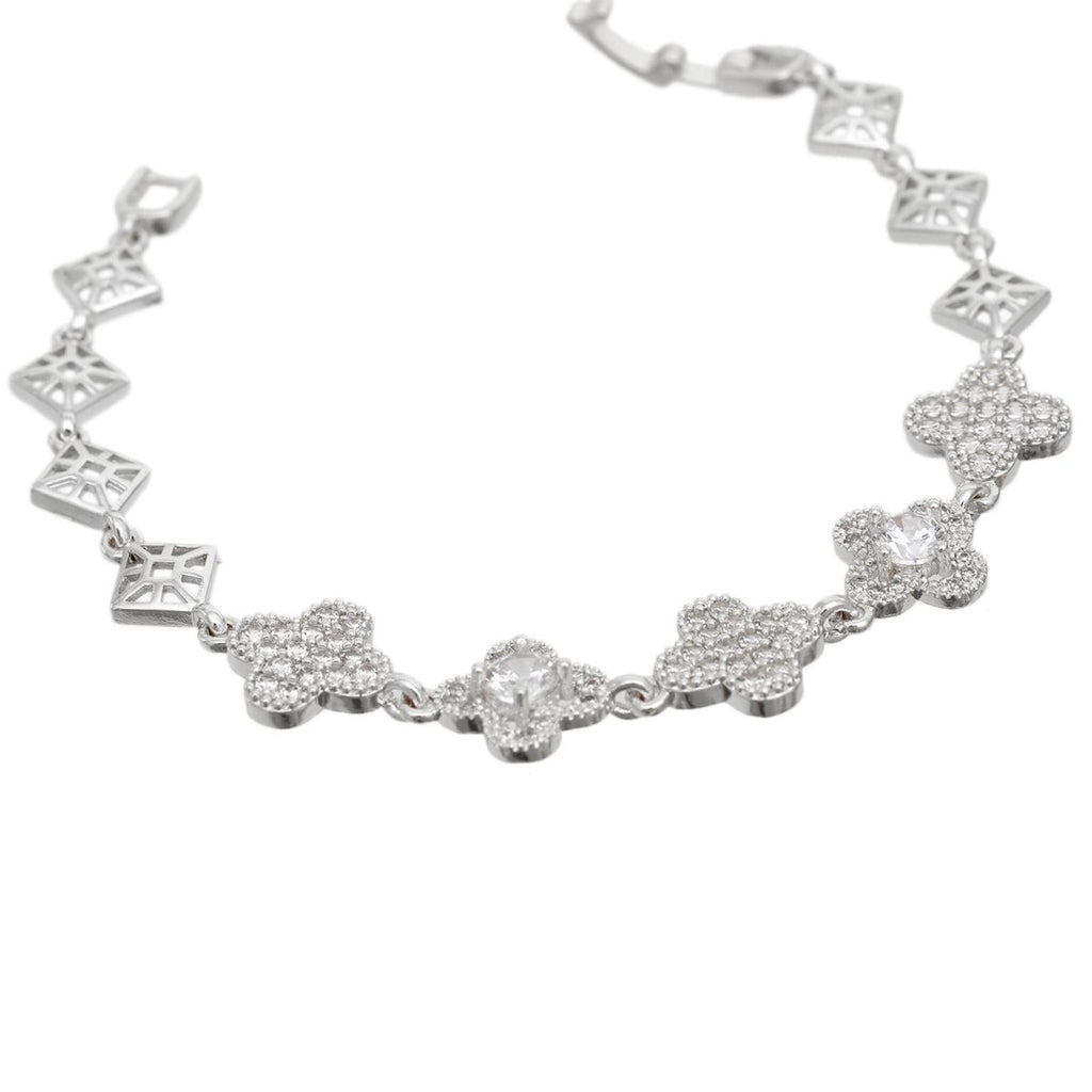 Silver Clover Link Tennis Bracelet with Cubic Zirconia Women's Fashion Jewelry