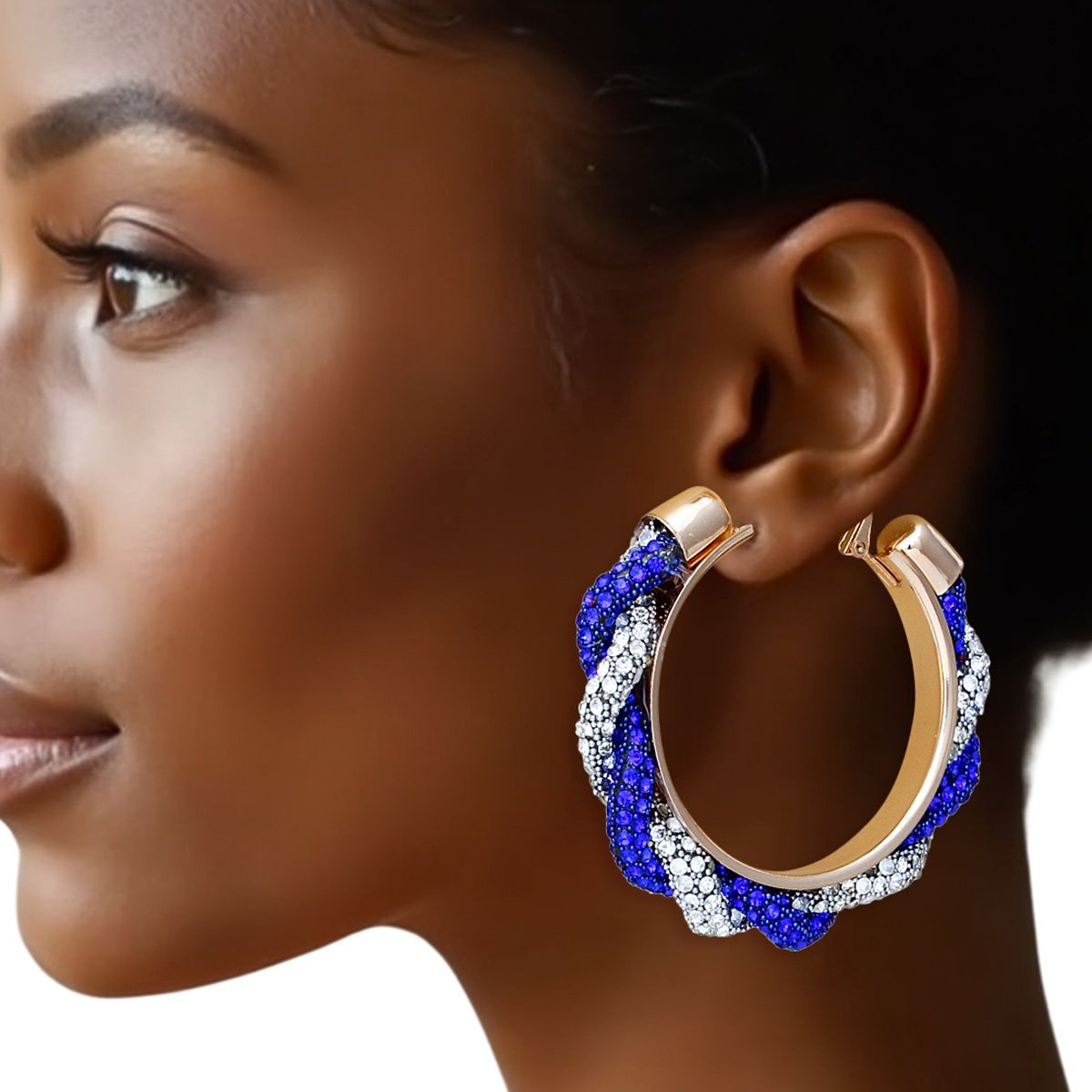 Twisted Hoop Earrings | Blue Clear Rhinestone Torsade Hoops Gold Tone
