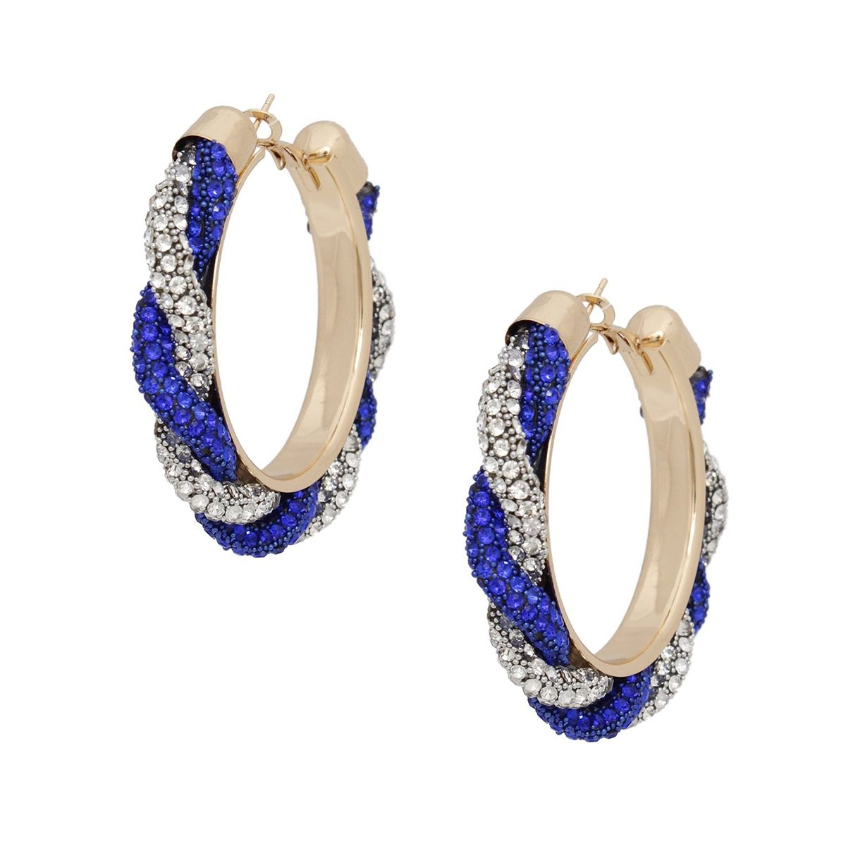 Twisted Hoop Earrings | Blue Clear Rhinestone Torsade Hoops Gold Tone