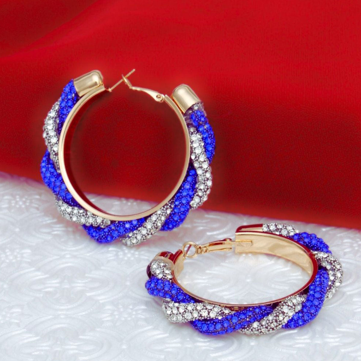 Twisted Hoop Earrings | Blue Clear Rhinestone Torsade Hoops Gold Tone