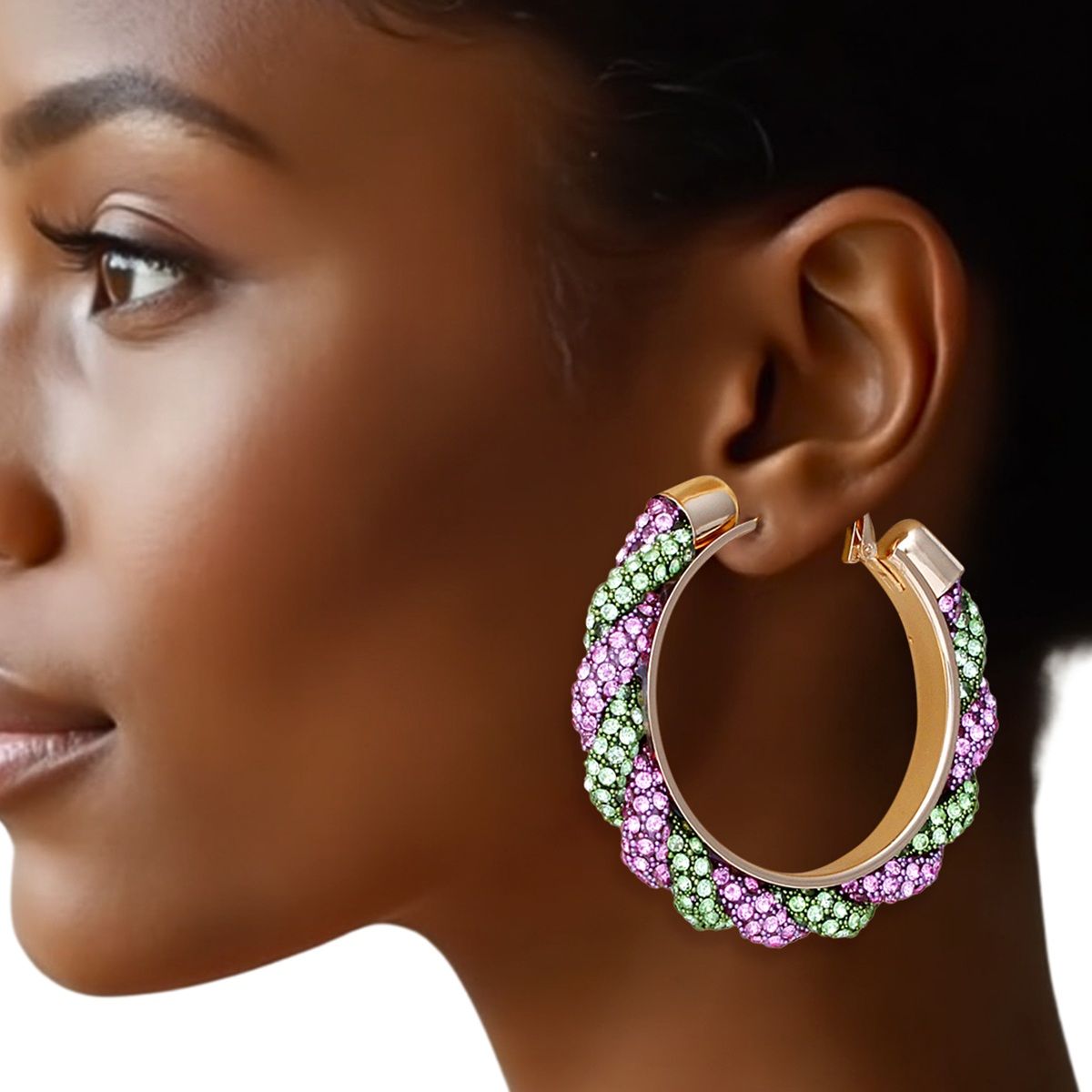 Twisted Hoop Earrings | Pink Green Rhinestone Torsade Hoops Gold Tone