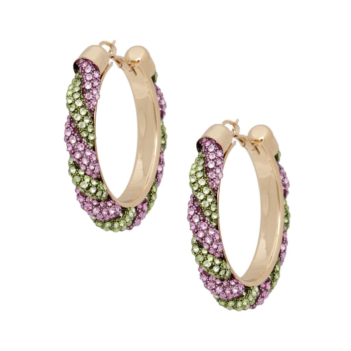 Twisted Hoop Earrings | Pink Green Rhinestone Torsade Hoops Gold Tone