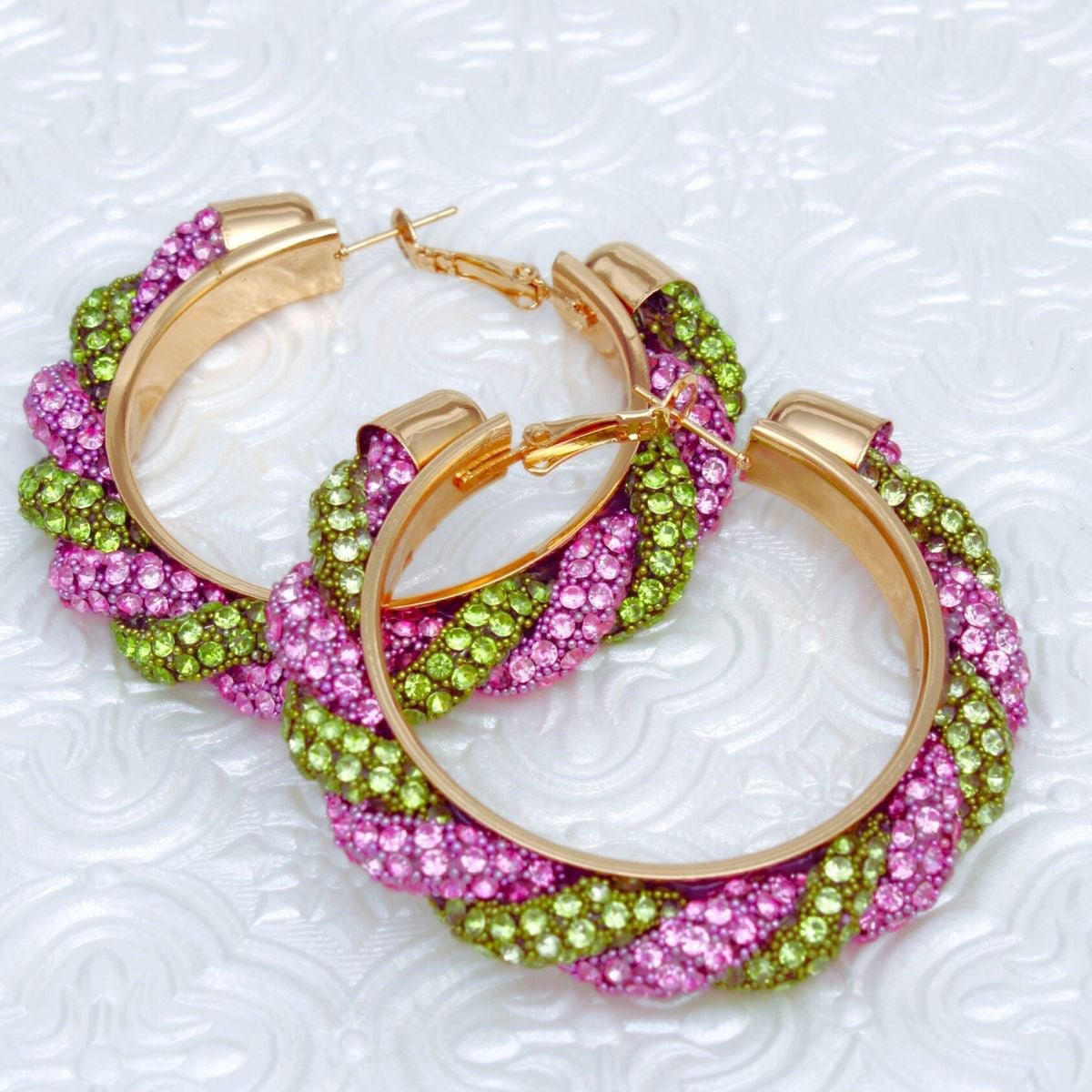 Twisted Hoop Earrings | Pink Green Rhinestone Torsade Hoops Gold Tone