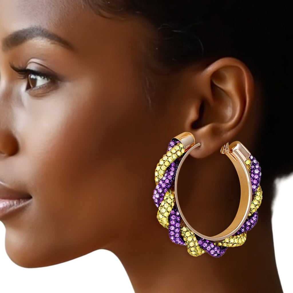 Twisted Hoop Earrings | Purple Yellow Rhinestone Torsade Hoops Gold Tone