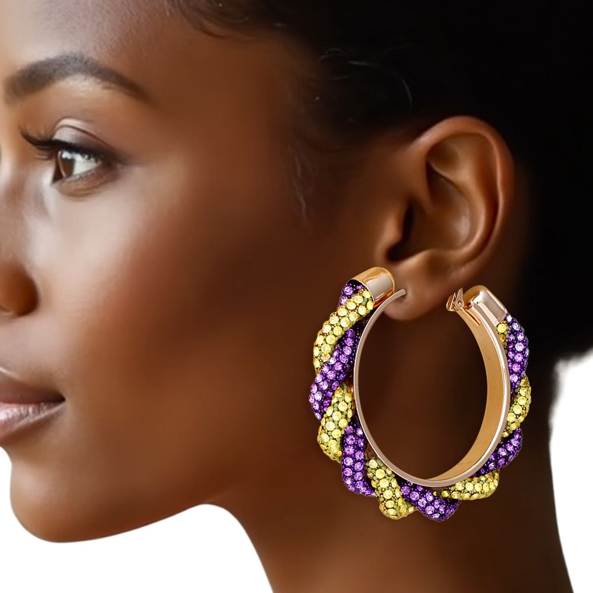 Twisted Hoop Earrings | Purple Yellow Rhinestone Torsade Hoops Gold Tone